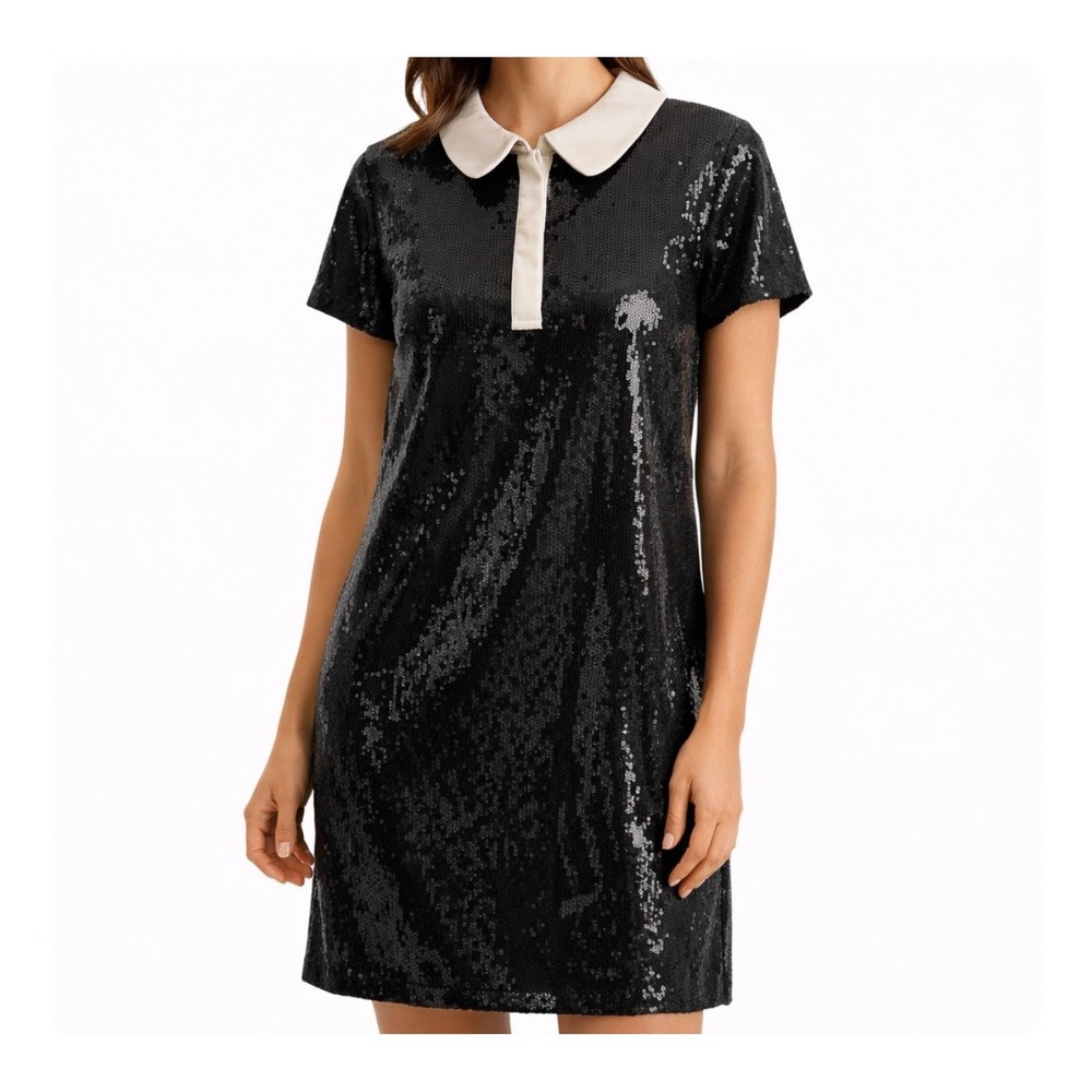Black Sequin Peter Pan Collar Shift Dress Wednesday Addams Goth Twee Academia12 - Picture 2 of 7